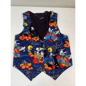 111 Main Halloween Vest Blue Pumpkins Ghosts Skeletons Spooky Vintage Unisex